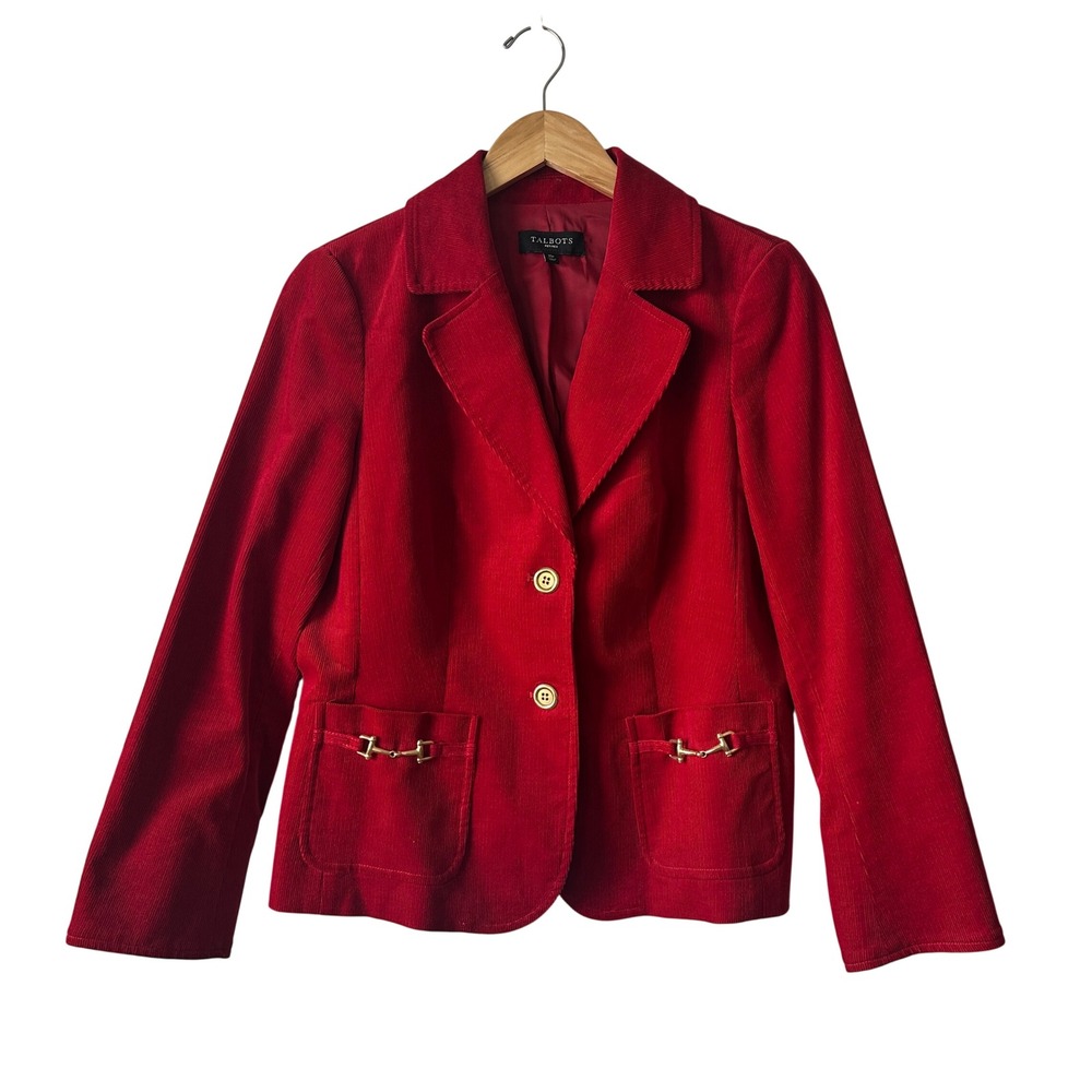 Vintage Talbots Petites Red Corduroy Horsebit Blazer Jacket 10P Equestrian